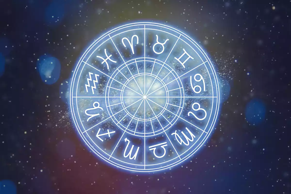 Los 12 signos del horóscopo en un círculo sobre un fondo celestial