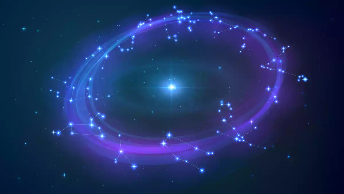 Las 12 constelaciones de los signos del horóscopo colocados en círculo y con una estrella en medio