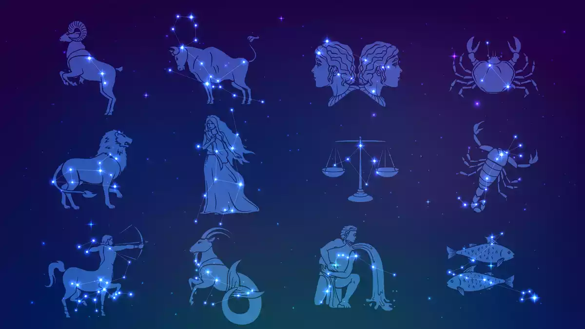 Las 12 figuras de los signos en un fondo azul estrellado