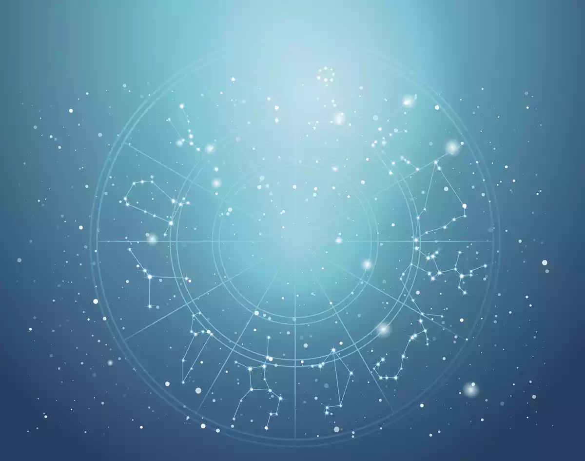 Las constelaciones de los 12 signos del zodíaco en un círculo con fondo azul