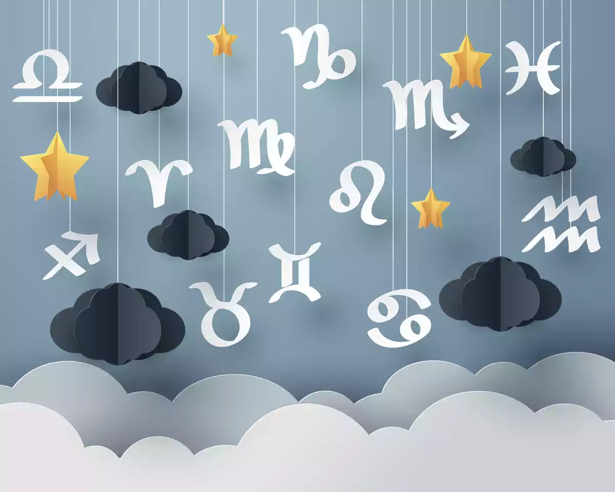 Los 12 signos del zodíaco colgando como marionetas entre nubes negras y blancas