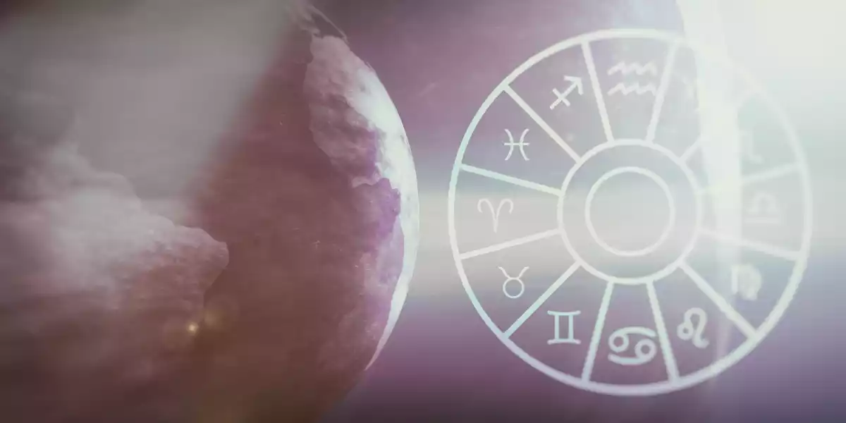 Los 12 signos del zodíaco en un círculo a la derecha y a la tierra a la izquierda