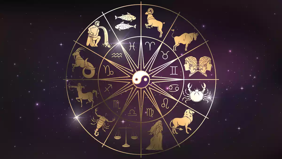 Los 12 signos del zodíaco en un círculo con sus figuras representativas y el símbolo del yin y el yang en el centro