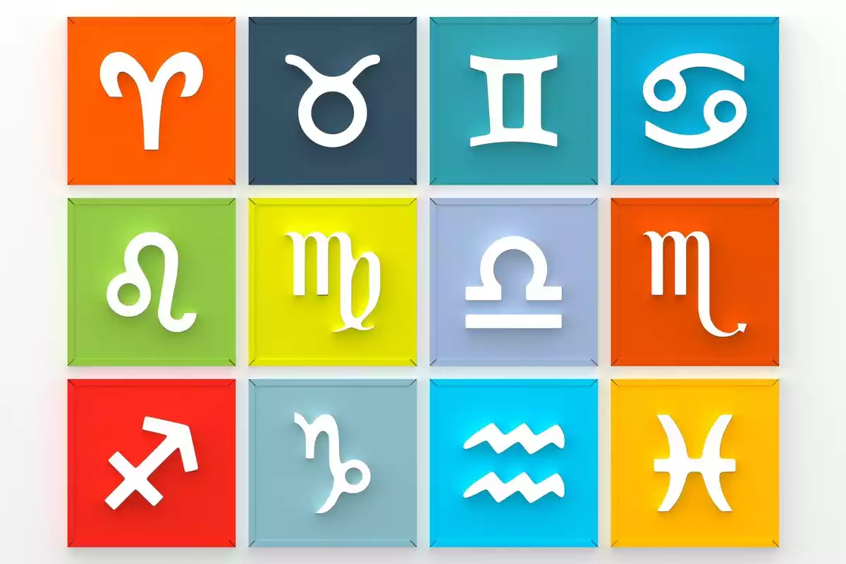 Los 12 signos del horóscopo en blanco sobre cuadrados de colores
