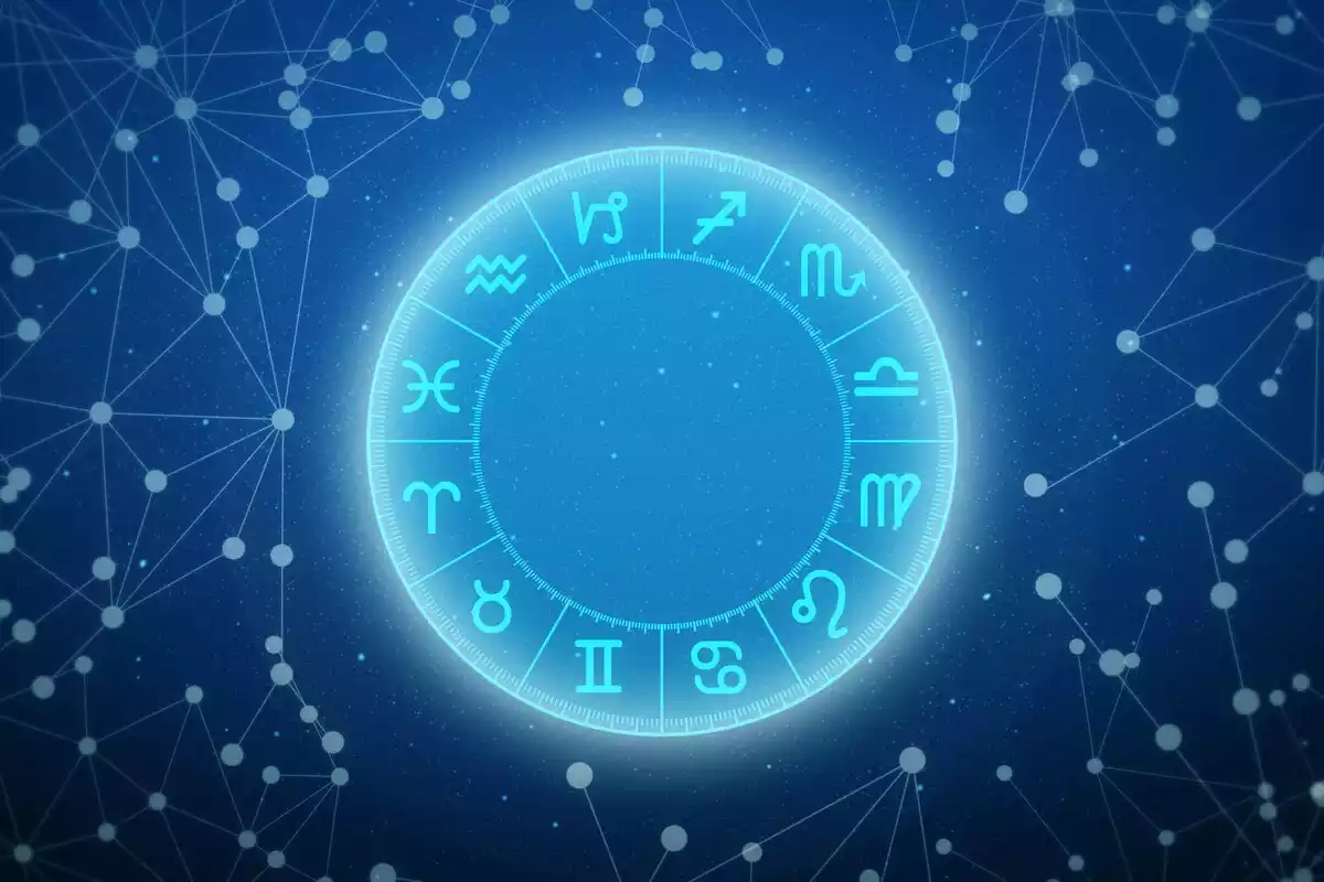 Los 12 signos del horóscopo en un circulo azul rodeado de constelaciones