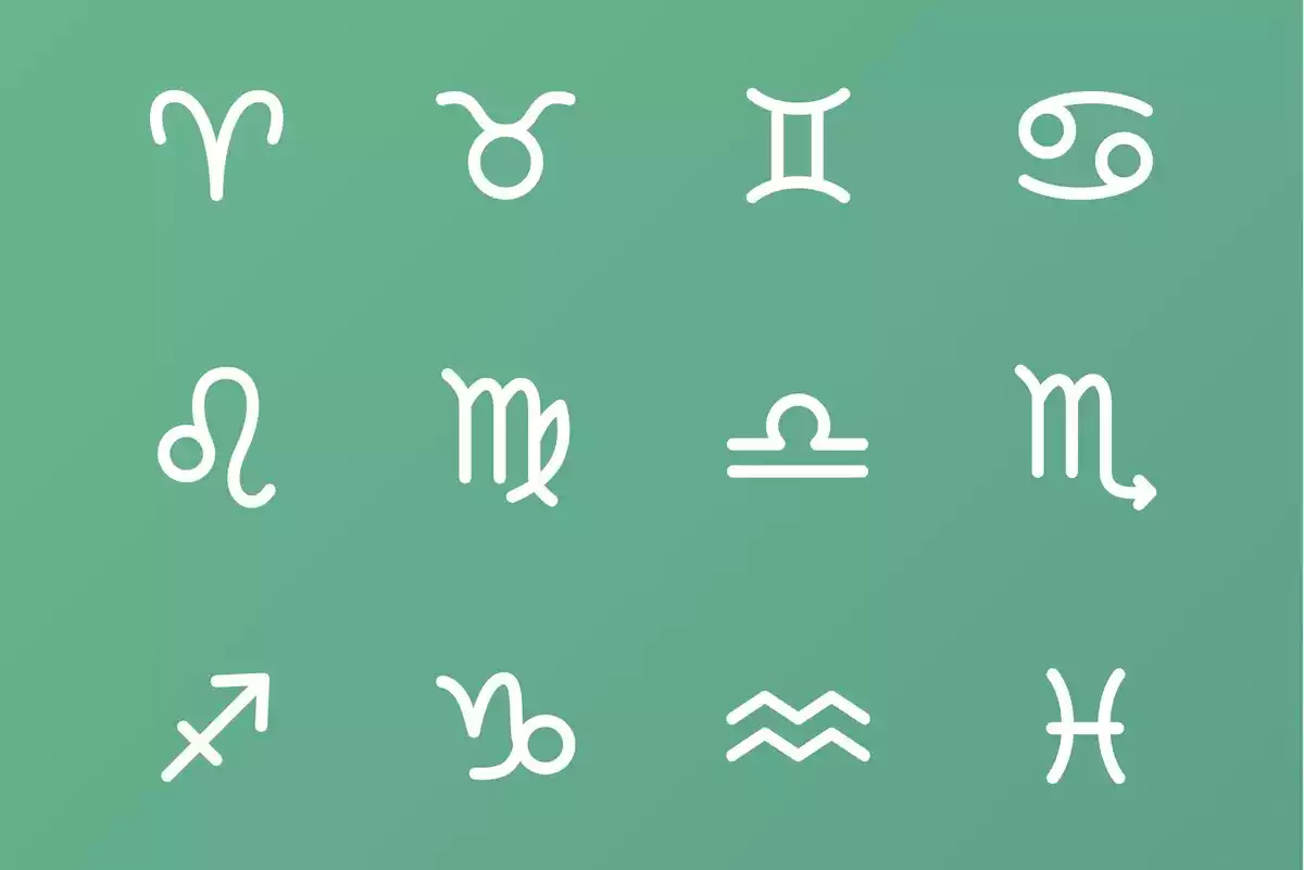 Los 12 signos del zodiaco en blanco sobre un fondo verde liso
