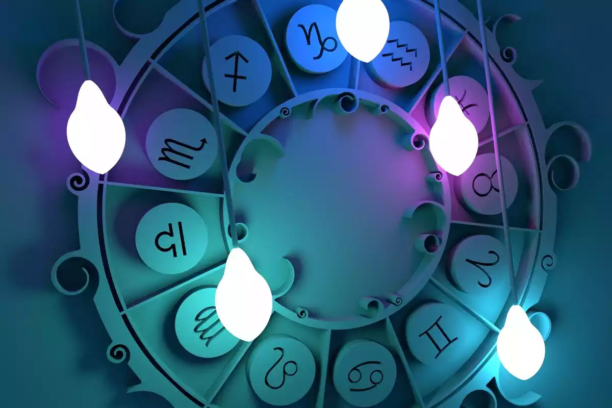 Los signos del zodíaco en un círculo con 5 bombillas colgando delante