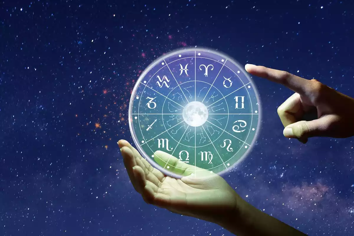 Los signos del zodiaco en un círculo sobre fondo celestial y con una mano debajo y otra señalando