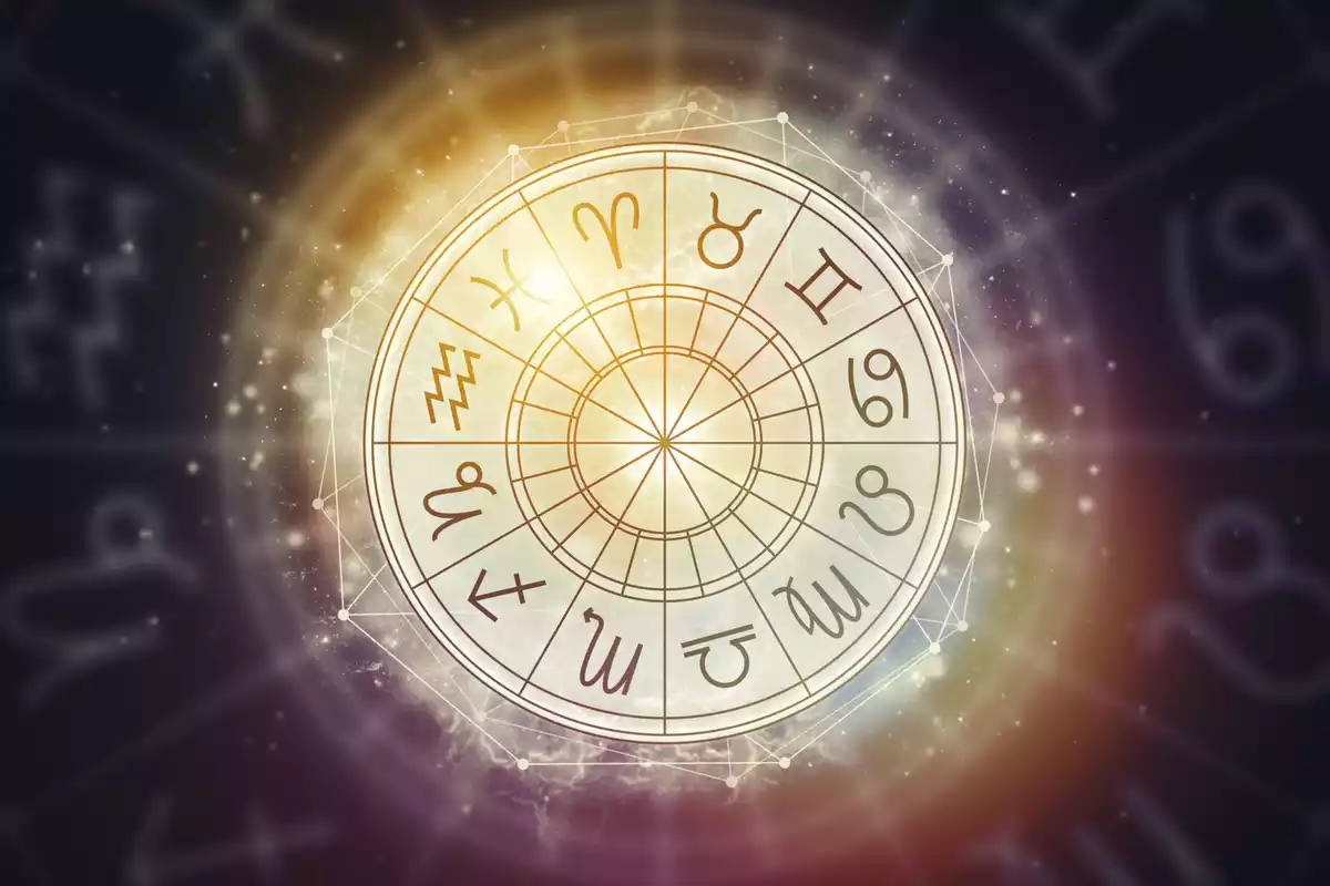 Los 12 signos del zodiaco en una rueda con destellos