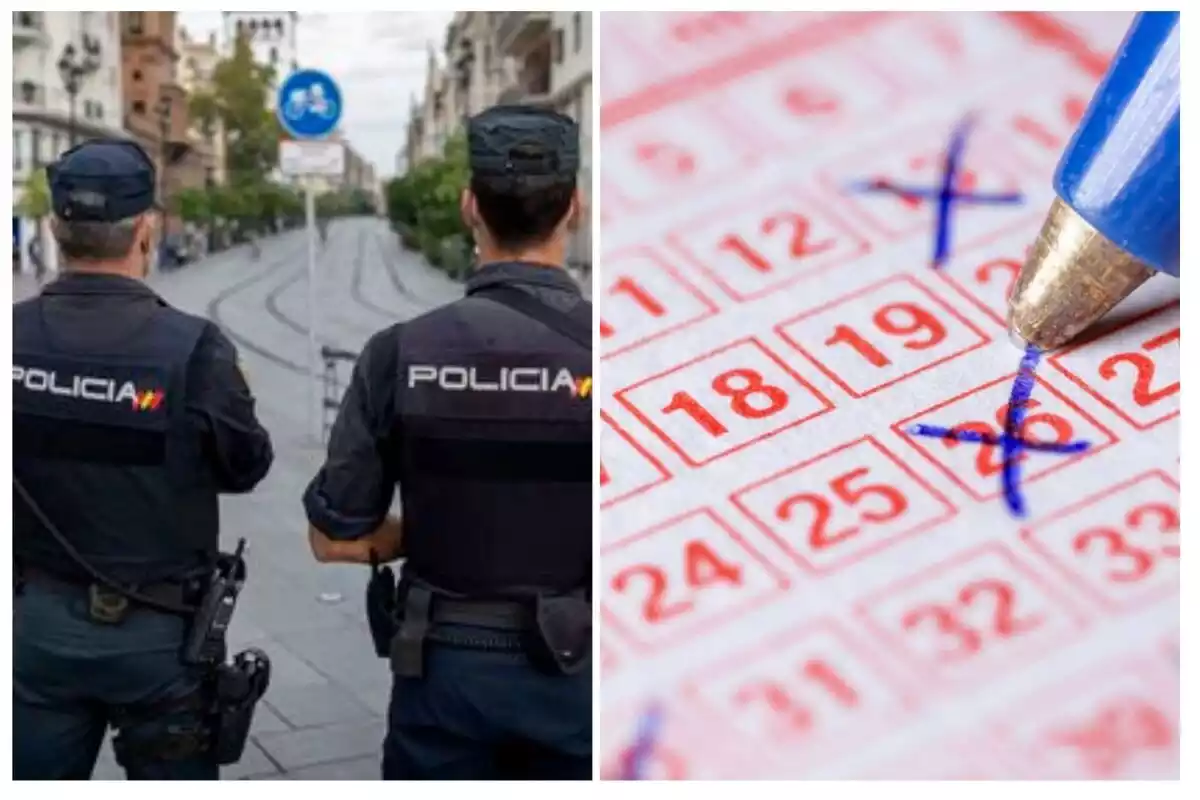 Montaje con agentes de policía y boleto de lotería