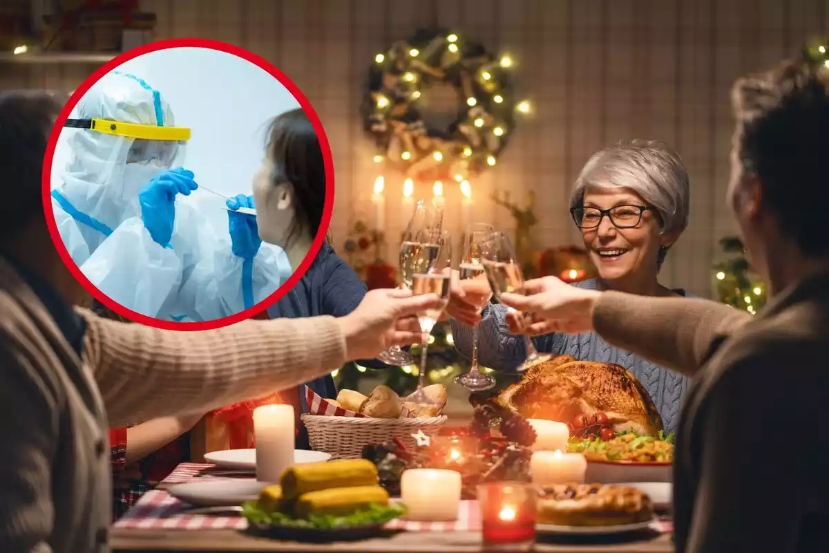 Montaje de fotos de personas brindando en una cena de Navidad con una imagen de un sanitario realizando una PCR