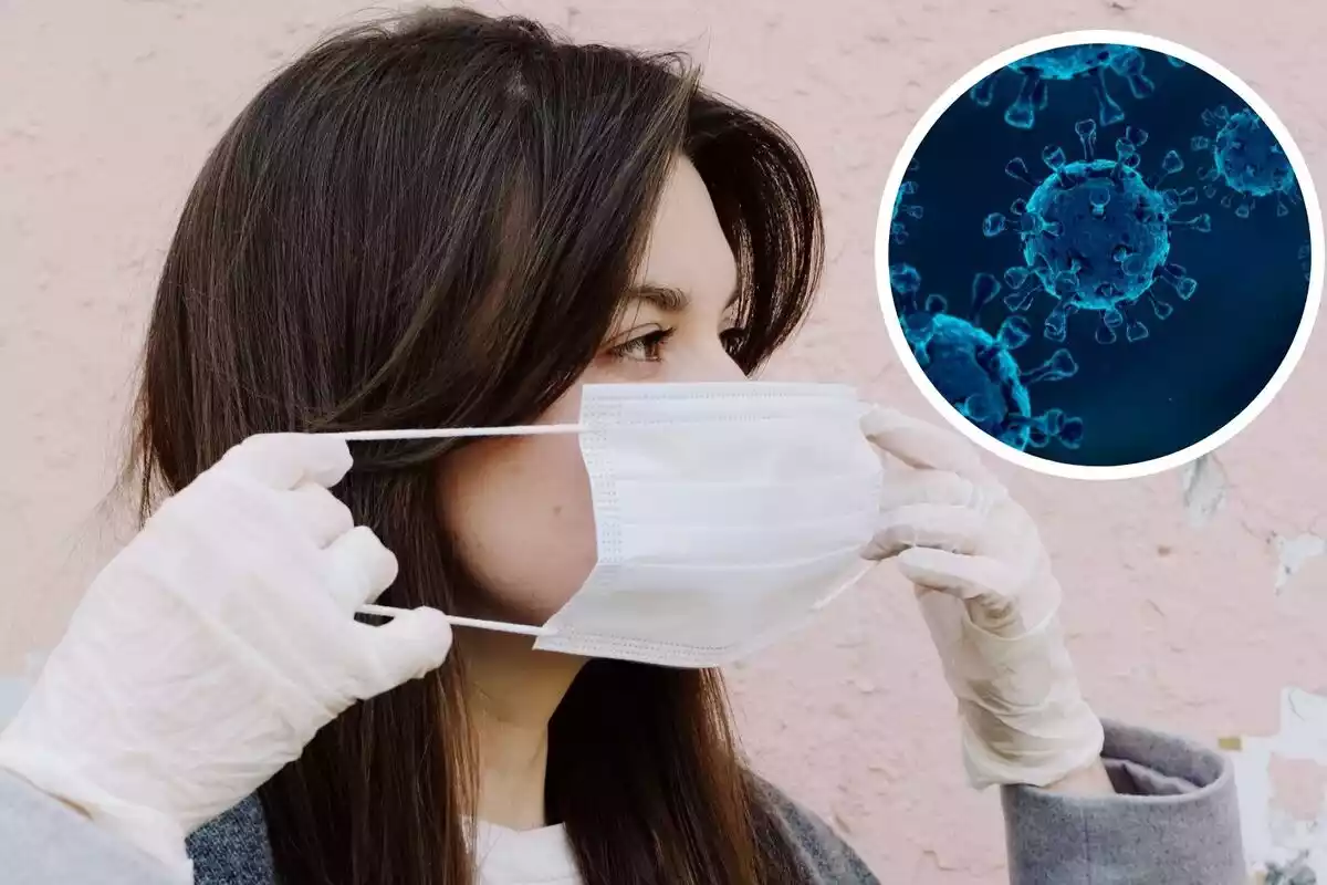 Montaje de fotos de una chica con guantes y mascarilla y la foto de un virus