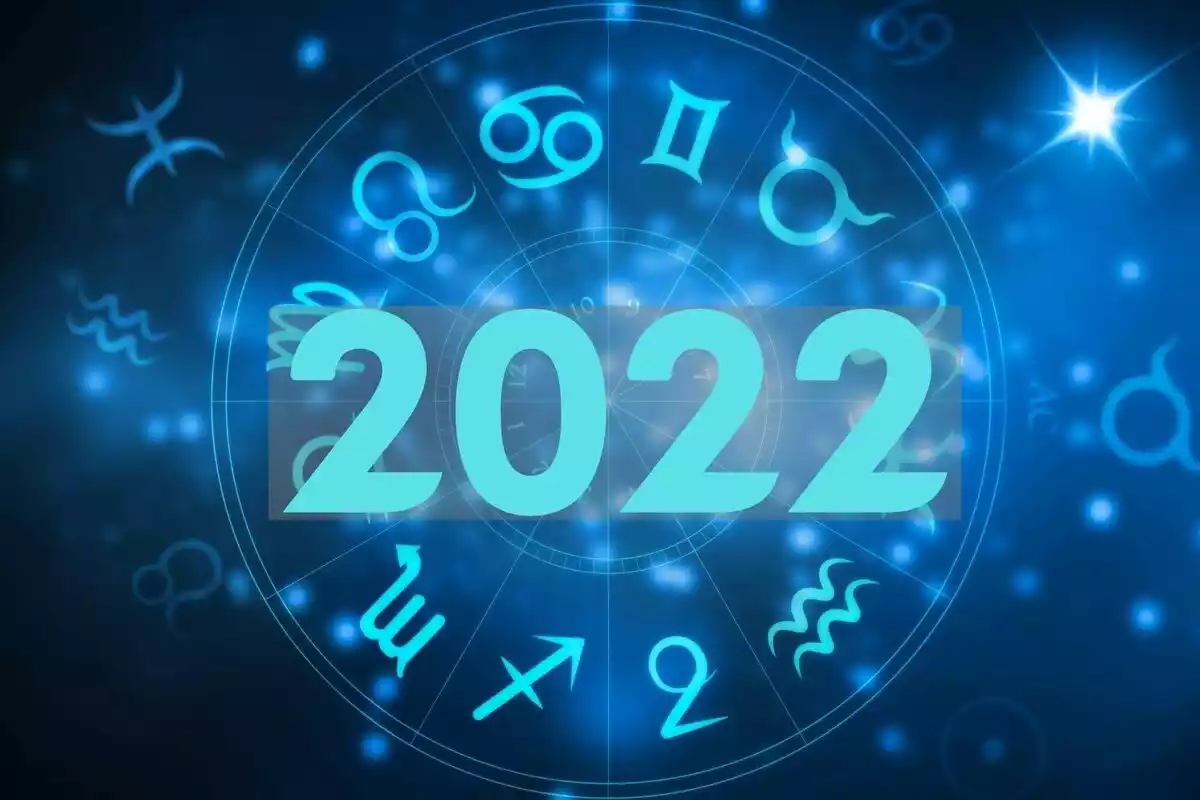 Rueda de zodiaco sobre fondo azul con el número 2022 en el centro