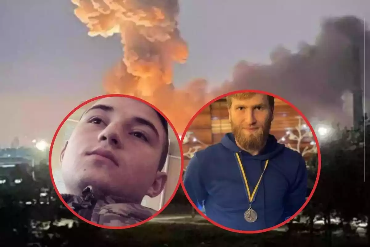 Montaje de fotos del bombardeo de Rusia a Ucrania y las dos fotos de los dos deportistas ucranianos fallecidos