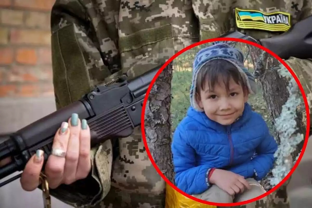 Montaje de Semyon, el niño fallecido y un militar empuñando un arma