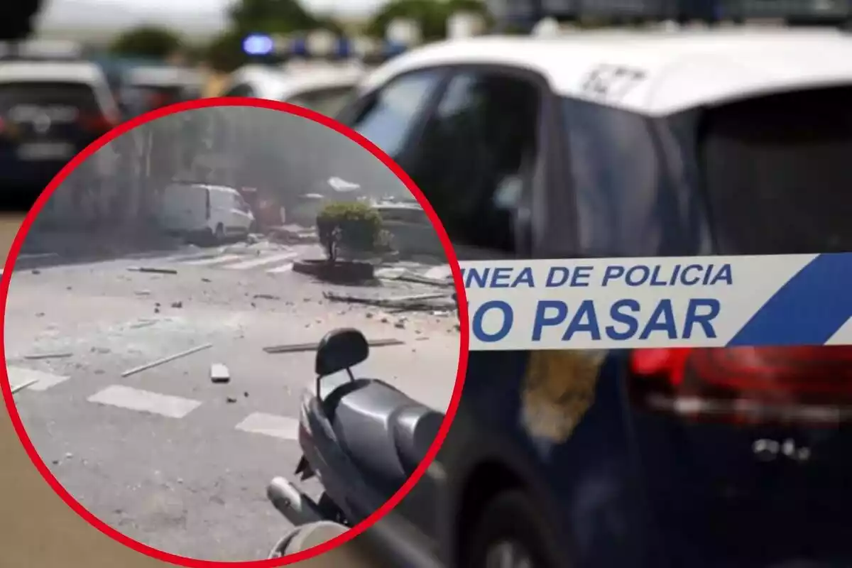 Montaje con la imagen de un coche de policía de fondo y una explosión en Madrid
