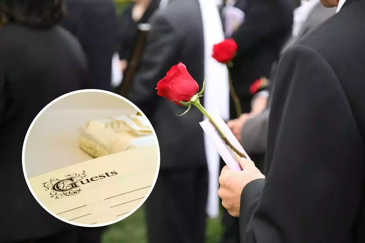 Montaje de fotos de los asistentes a un entierro sosteniendo una rosa y una lista de invitados