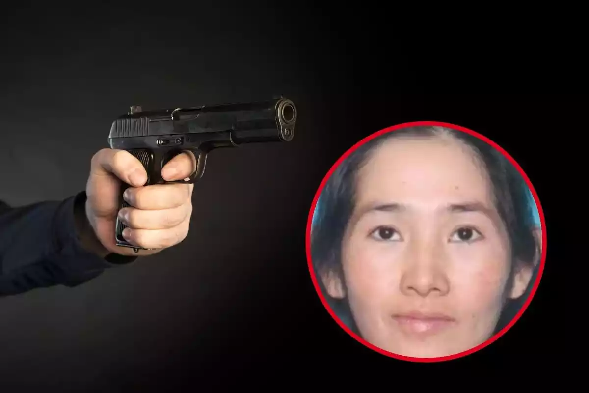 Montaje de fotos de Trinh Nguyen y un brazo apuntando con una pistola