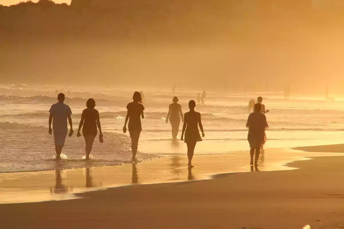 Varias personas caminando en la orilla de la playa por la tarde